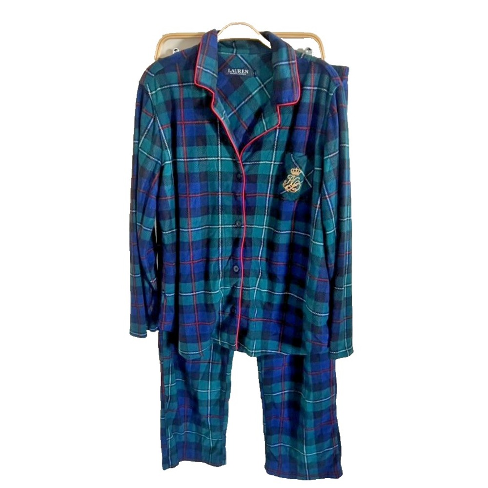 Ralph Lauren Fleece‎ 2pc Pajama Set~Green Plaid Crest Logo Sleepwear~Women's L
